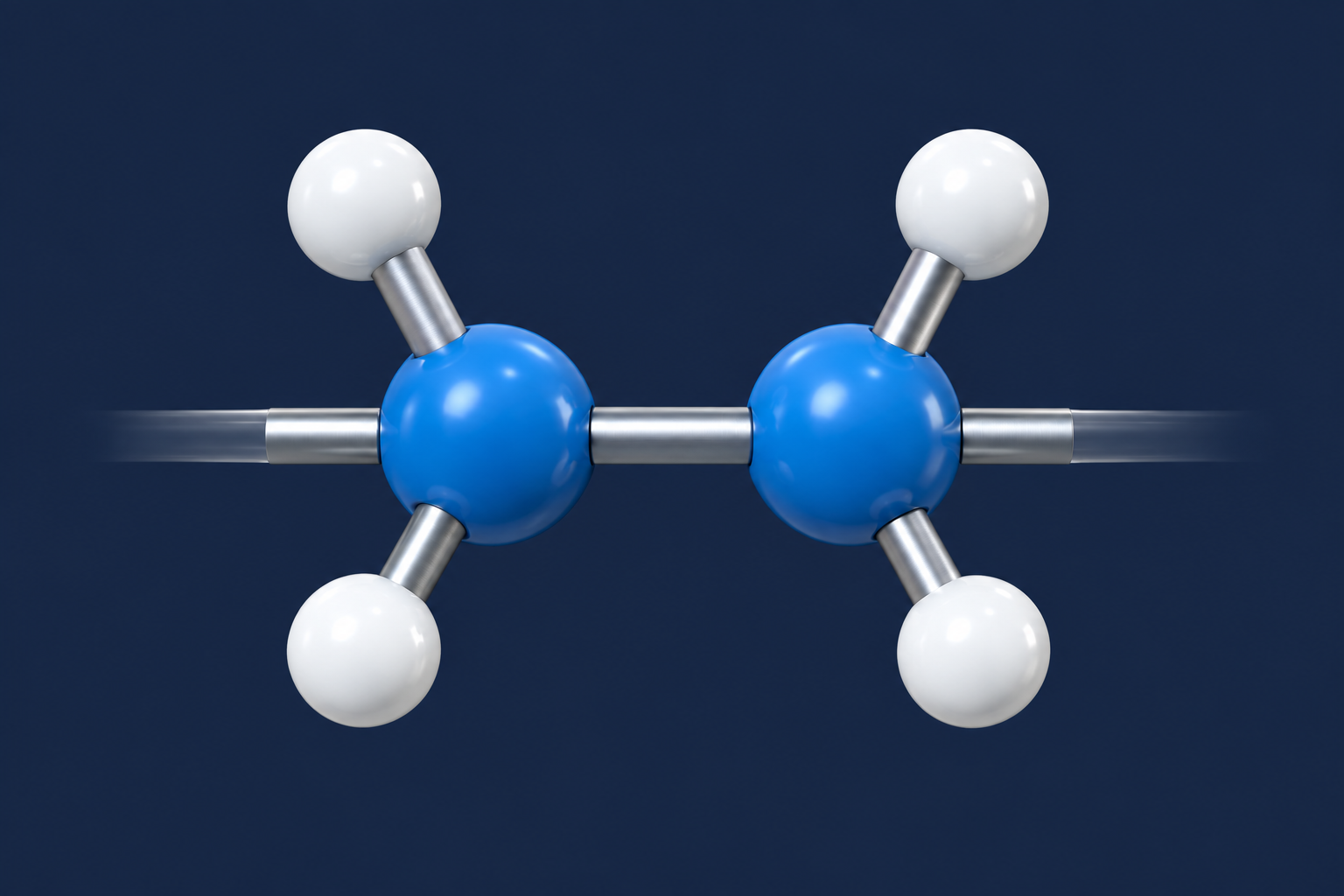 Modelo 3D orientativo del polietileno: dos carbonos de cadena azules e hidrógenos blancos