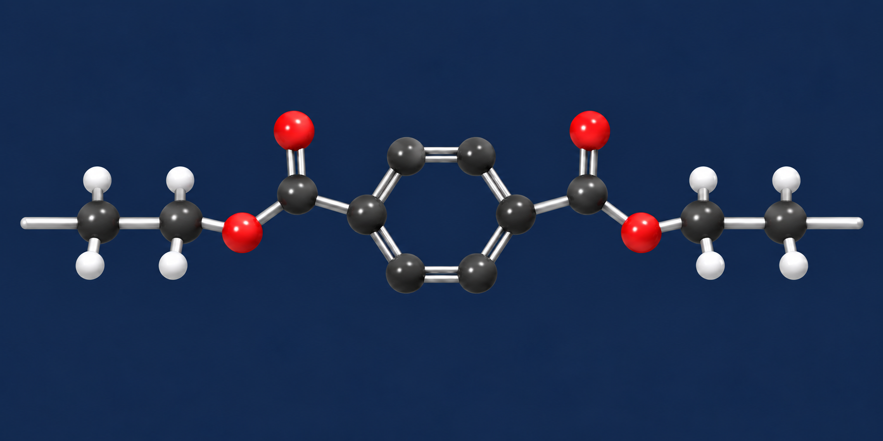 Modelo 3D orientativo de un fragmento de PET con dos grupos metileno a cada lado, un anillo aromático, carbonilos y oxígenos rojos